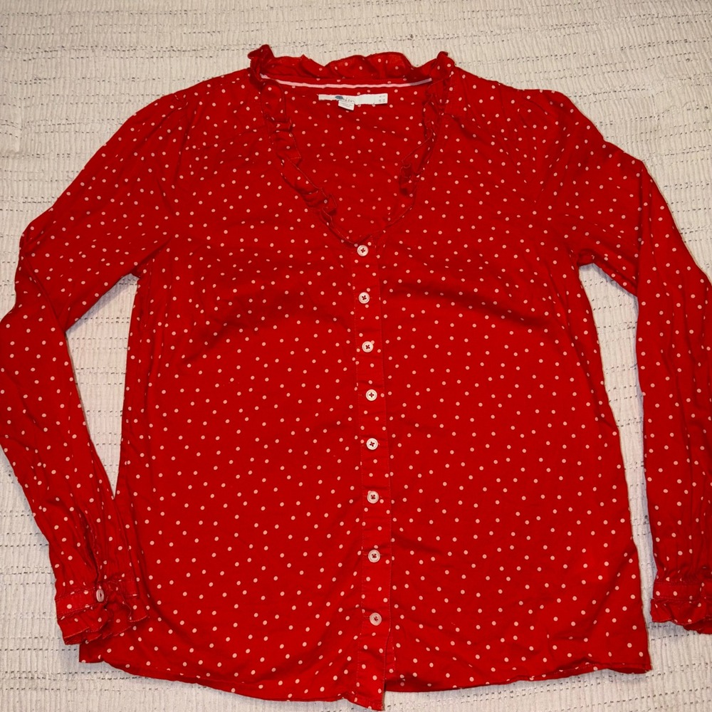 Boden Red Polka Dot Ruffle Neck Button‎ Down Blouse Long Sleeve Womens US 2 UK 6